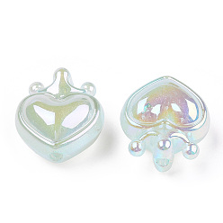 Cyan Clair Placage uv perles acryliques irisées arc-en-ciel, avec de la poudre de paillettes, coeur avec la couronne, cyan clair, 24.5x21.5x14mm, Trou: 3mm