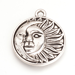 Antique Silver Tibetan Style Alloy Pendants, Flat Round with Moon and Sun, Cadmium Free & Lead Free, Antique Silver, 29x25x3mm, Hole: 2.5mm, about 225pcs/1000g