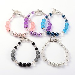 Mixed Color Lovely Frosted Glass Beaded Bracelets, with Glass Pearl Beads, Tibetan Style Alloy Beads and Heart Alloy Toggle Clasps, Mixed Color, 185mm