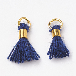Midnight Blue Polycotton(Polyester Cotton) Tassel Pendant Decorations, Mini Tassel, with Brass Findings, Golden, Midnight Blue, 10~15x3~4mm, Hole: 2mm