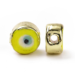 Yellow Handmade Evil Eye Lampwork Beads, with Golden Tone Brass Findings, Long-Lasting Plated, Cadmium Free & Lead Free, Flat Round, Yellow, 12.5x8mm, Hole: 2.5mm