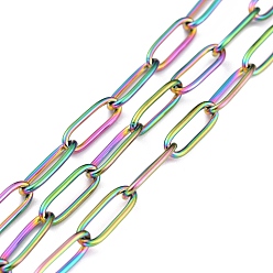 Rainbow Color Ion Plating(IP) 304 Stainless Steel Paperclip Chains, Soldered, Flat Oval, with Spool, Rainbow Color, Link: 12x4x1mm, about 32.8 Feet(10m)/roll