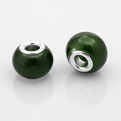 Dark Green Spray Painted Glass European Beads, Large Hole Rondelle Beads, with Silver Tone Brass Cores, Dark Green, 14x11mm, Hole: 5mm