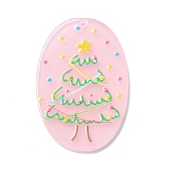 Pink Printed  Acrylic Pendants, for Christmas, Oval with Chriatmas Tree Charm, Pink, 39.5x26x2mm, Hole: 1.6mm