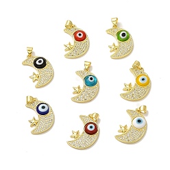 Mixed Color Rack Plating Brass Micro Pave Clear Cubic Zirconia Pendants, with Handmade Evil Eye Lampwork, Cadmium Free & Lead Free, Long-Lasting Real 18K Gold Plated, Moon with Star Charm, Mixed Color, 25x16.5x4mm, Hole: 5x3.5mm