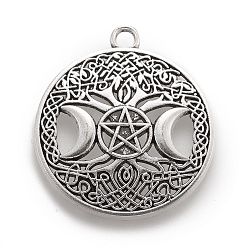 Antique Silver Tibetan Style Hollow Alloy Pendants, Lead Free & Cadmium Free, Flat Round withTriple Moon Goddess, Pagan Jewelry, Antique Silver, 39x34x1.5mm, Hole: 3mm