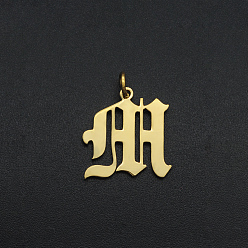 Letter M 201 Stainless Steel Pendants, with Jump Ring, Old English, Letter, Laser Cut, Golden, Letter.M, 16.5x17x1mm, Hole: 3mm