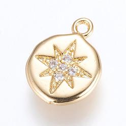 Golden Brass Charms, with Cubic Zirconia, Flat Round with Star, Golden, 13x9.5x2mm, Hole: 1mm