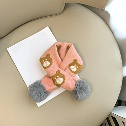 Pink Écharpe cache-cou ajustable en tricot de nylon pour garçons et filles, écharpe à col motif ours mignon pour enfants automne hiver, avec balle en peluche, rose, 650x90mm