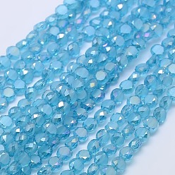 Deep Sky Blue Faceted Flat Round AB Color Plated Frosted Crystal Glass Beads Strands, Deep Sky Blue, 4x3mm, Hole: 1mm, about 99pcs/strand, 13.9 inch