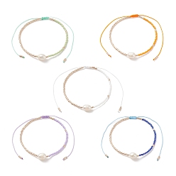 Color mezclado 5 piezas 5 colores perlas naturales y semillas de vidrio pulseras de cuentas trenzadas conjunto para mujeres, color mezclado, diámetro interior: 2~3-7/8 pulgada (4.95~9.8 cm), 1 pc / estilo