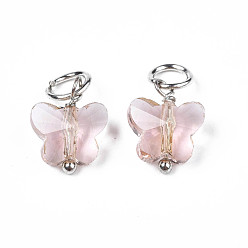 Pink Faceted Transparent Glass Charms, with Iron Jump Ring, Butterfly, Pink, 13~14x9.8x6mm, Hole: 4mm