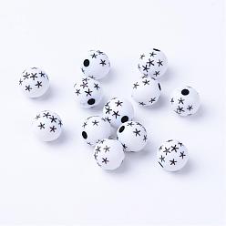 Noir Élaborer perles acryliques, ronde avec des étoiles, noir, 7~8mm, trou: 1.5 mm, environ 2000 pcs / 500 g