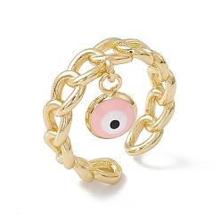 Pink Enamel Evil Eye Charm Open Cuff Ring with Enamel, Real 18K Gold Plated Brass Jewelry for Women, Lead Free & Cadmium Free, Pink, US Size 7 1/4(17.5mm)