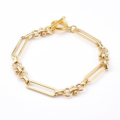 Real 18K Gold Plated Brass Link Chain Bracelets, with Toggle Clasps, Real 18K Gold Plated, 7-1/2 inch(19cm)