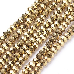 Plateado en Oro Abalorios de vidrio electrochapdo, facetados, Rondana plana, oro chapado, 12x8~9 mm, agujero: 1.5 mm, sobre 72 unidades / cadena, 24 pulgada