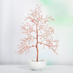 Rose Quartz Undyed Natural Rose Quartz Chips Tree of Life Display Decorations, with Porcelain Bowls, Copper Wire Wrapped Feng Shui Ornament for Fortune, 145x205mm