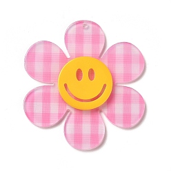 Deep Pink Tartan Pattern Acrylic Big Pendants, Flower with Smiling Face, Deep Pink, 55x50x4.5mm, Hole: 1.8mm