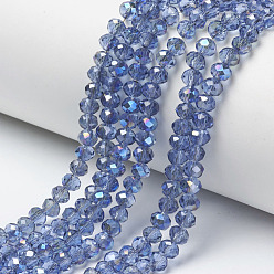 Cornflower Blue Electroplate Glass Beads Strands, Half Plated, Blue Plated, Faceted, Rondelle, Cornflower Blue, 3.5x3mm, Hole: 0.4mm, about 123~127pcs/strand, 13.7~14.1 inch(35~36cm)