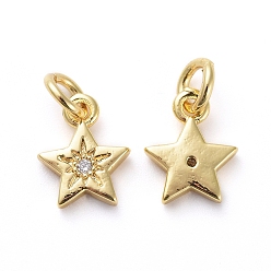 Golden Brass Micro Pave Cubic Zirconia Pendants, with Jump Rings, Star, Golden, 9.5x7.5x2mm, Hole: 3mm