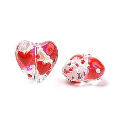 Roja Hebras de cuentas de esmalte de vidrio hechas a mano para el día de San Valentín, corazón, rojo, 13.5x14x8~9 mm, agujero: 1.2 mm, sobre 30 unidades / cadena