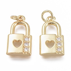 Real 18K Gold Plated Brass Micro Pave Clear Cubic Zirconia Pendants, with Jump Ring, Lock with Heart, Real 18K Gold Plated, 18x10x3.5mm, Hole: 3mm, Jump Ring:5x0.8