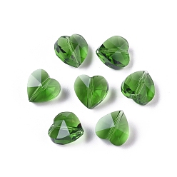 Verde Perlas de vidrio transparentes, facetados, corazón, verde, 10x10x7 mm, agujero: 1~1.2 mm