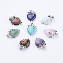 Mixed Stone Natural & Synthetic Mixed Stone Pendants, with Brass Findings, Heart, Platinum, 32x47.5x12mm, Hole: 4x5mm