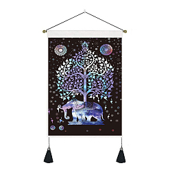 Púrpura Media Tapiz colgante de pared de poliéster de elefante colorido, patrón vertical del árbol de la vida tela decorativa, para la decoración casera, Rectángulo, púrpura medio, 500x350 mm