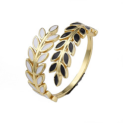 Black Enamel Leaf Open Cuff Rings, Real 18K Gold Plated Brass Jewelry for Women, Nickel Free, Black and White, US Size 7(17.3mm)