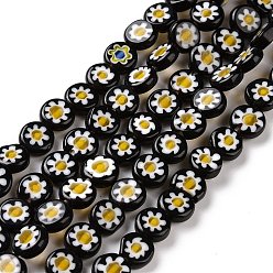 Black Handmade Millefiori Glass Flat Round Bead Strands, Single Flower Design, Black, 8x4mm, Hole: 1mm, about 53pcs/strand, 14.7 inch