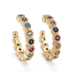 Real 18K Gold Plated Brass Micro Pave Cubic Zirconia Cuff Earrings, Long-Lasting Plated, Flower, Colorful, Real 18K Gold Plated, 13x15x2.5mm
