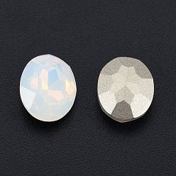 White Opal K9 Glass Rhinestone Cabochons, Pointed Back & Back Plated, Faceted, Oval, White Opal, 10x8x4mm