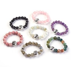 Mixed Stone Natural Gemstone Stretch Rings, with Alloy Buddha Beads, Faceted, Round, Antique Silver, Size 8, 18mm