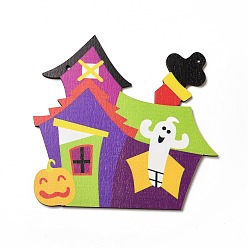 Chateau Grands pendentifs en bois imprimé simple face, charmes d'halloween, chateau, 141x147x3.5mm, Trou: 4mm