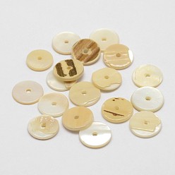 Color de la concha Separadores de cuentas de concha naturales, disco / plano y redondo, perlas heishi, color de concha, 15x2 mm, agujero: 2 mm, sobre 500 unidades / bolsa