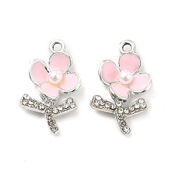 Pink Alliage strass émail pendentifs, avec perles en plastique imitation abs, charmes de fleurs, platine, rose, 19.5x11x4mm, Trou: 1.5mm