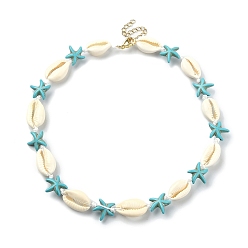 Turquoise Natural Shell & Synthetic Turquoise Starfish Beaded Necklace with 304 Stainless Steel Clasps, Turquoise, 15.75 inch(40cm)