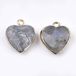 Labradorite Electroplate Natural Labradorite Pendants, with Cadmium Free & Nickel Free & Lead Free Iron Findings, Faceted, Heart, Golden, 16~17x14~15x6~7mm, Hole: 1.8mm