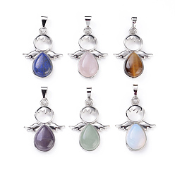Mixed Stone Natural & Synthetic Mixed Gemstone Pendants, with Platinum Plated Brass Findings, Angel, 34x25.5x4.5~6.5mm, Hole: 4~5x7mm, 6 materials, 1pc/material, 6pcs/set