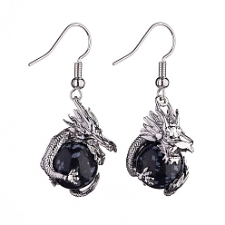 Snowflake Obsidian Natural Snowflake Obsidian Dragon Dangle Earrings, Platinum Brass Jewelry for Women, 42mm, Pin: 0.6mm