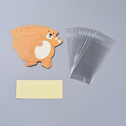 Brun Sac à biscuits en plastique, avec carte d'ours de dessin animé et autocollants, pour le chocolat, candy, biscuits, brun, 12x8x0.04 cm, sac: 18.5x9x0.5 cm, autocollant: 12.4x5x0.02 cm