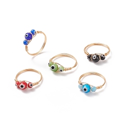 Mixed Color Round Lampwork Evil Eye Braided Finger Ring, Light Gold Plated Copper Wire Wrapped Jewelry for Women, Mixed Color, US Size 7 3/4(17.9mm)
