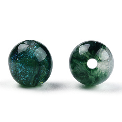Verde Oscuro Imitación ronda perlas de resina de ojo de gato, con polvo del brillo, verde oscuro, 8 mm, agujero: 1.6~1.8 mm