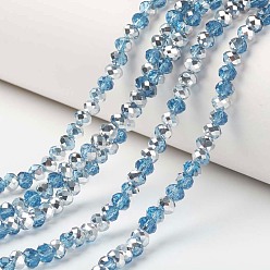 Deep Sky Blue Electroplate Transparent Glass Beads Strands, Half Silver Plated, Faceted, Rondelle, Deep Sky Blue, 8x6mm, Hole: 1mm, about 72pcs/strand, 16.14 inch(41cm)