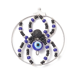 Blue Brass Pendants, with Glass Seed & Evil Eye Lampwork & Natural Lava Rock Beads, Ring with Spider Charms, Blue, 44~48x40~43x8mm, Hole: 1mm and 2mm