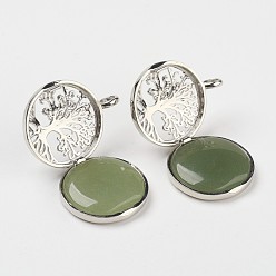 Green Aventurine Natural Green Aventurine Pendants, with Brass Diffuser Locket Findings, Flat Round with Tree, 31x26x8mm, Hole: 4mm