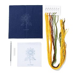 Fleur Kit de fabrication de bricolage brodé, y compris toile de lin, fil de coton, recharges de stylos effaçables à l'eau, aiguille de fer, motif de tournesol, 25x25x0.01 cm
