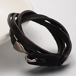 Black Casual Style Unisex Retro Leather Bracelets, with Alloy Snap Lock Clasps, Platinum, Black, 620~630x9x2mm