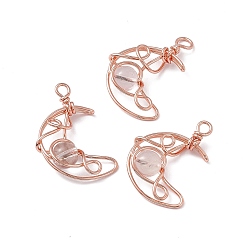 Quartz Crystal Natural Quartz Crystal Pendants, Moon Charms, with Rack Plating Rose Gold Tone Brass Findings, Cadmium Free & Lead Free, 31.5~33x22x8.5mm, Hole: 2.5~3mm